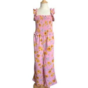 Old Navy Girls Floral Smocked Jumpsuit Size 6-7 Pink Ruffle Strap Wide Leg